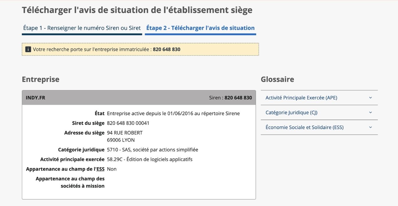 Étape 1 : fiche insee entreprise