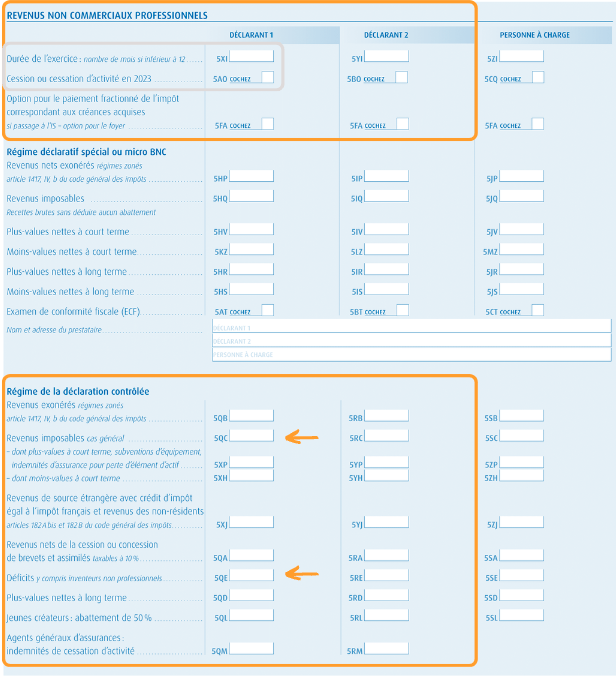 2042 C PRO revenus BNC non micro : régime de la déclaration controlée