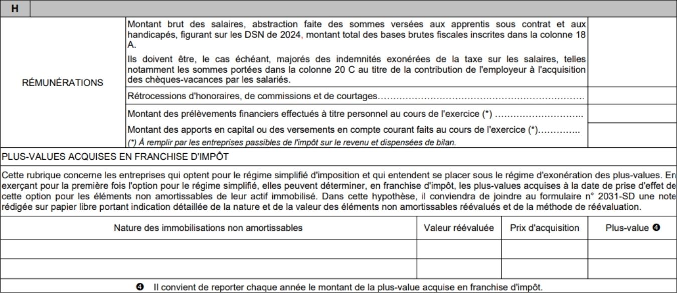 Le cadre H de la liasse 2031