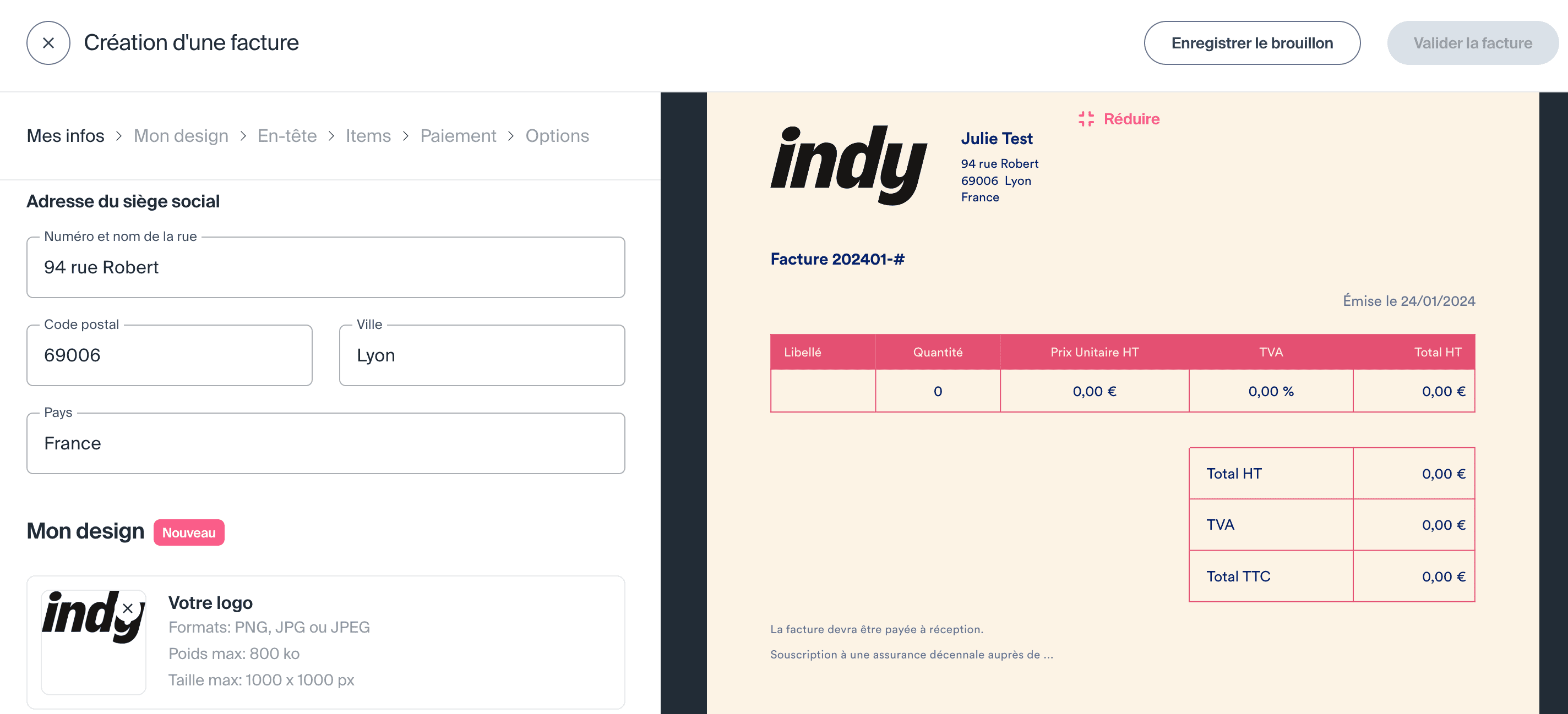édition de la facture sur Indy : ajout des informations au sujet de la micro-entreprise 