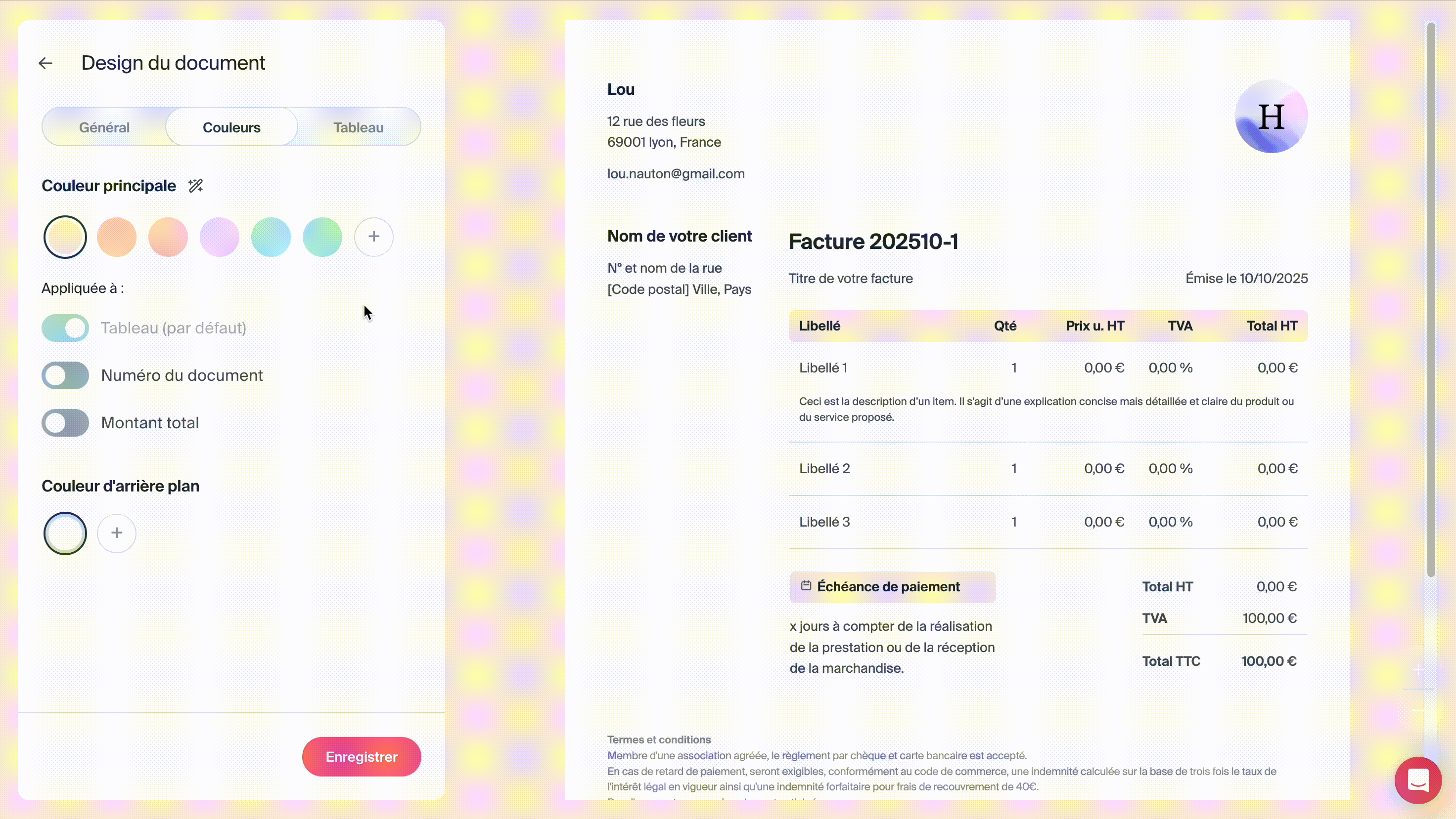 Personnalisation de la facture à partir du logo de l'entreprise.