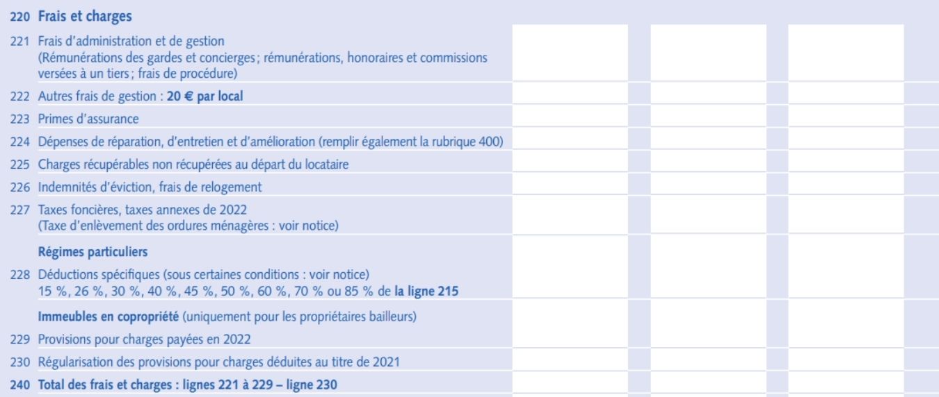 Capture d'écran de la rubrique concernant la déclaration des frais et charges dans le formulaire 2044