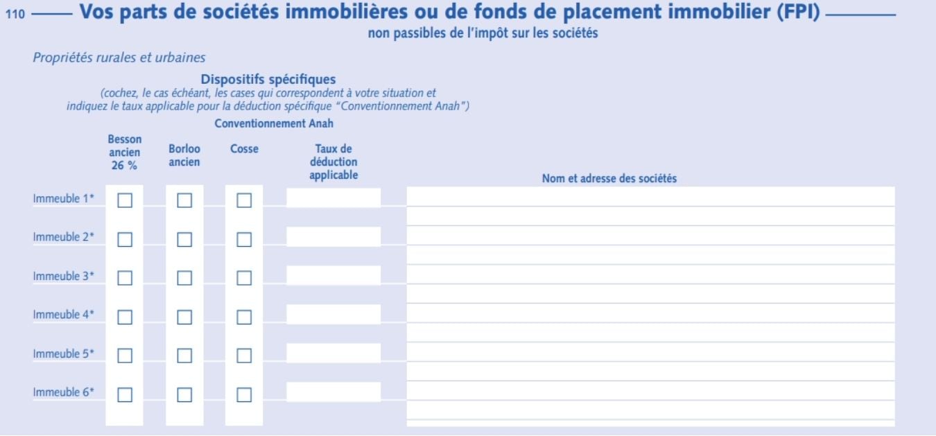 Capture d'écran de la section concernant les parts de sociétés immobilières ou de fonds de placement immobilier du formulaire 2044
