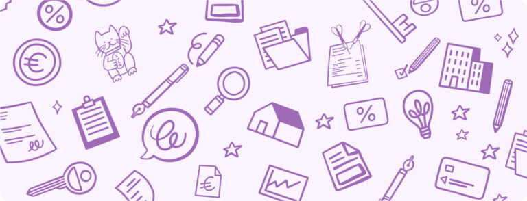 Illustration sur fond violet des SCI à l'ir ou IS : une clefs, une maison, une ampoule...