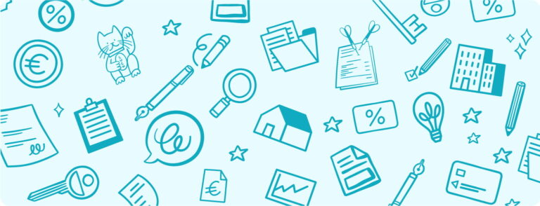 illustrations indy sur fond bleu des caractéristiques des SCI familiale : maisons, documents, loupe, déclaration, crayon...