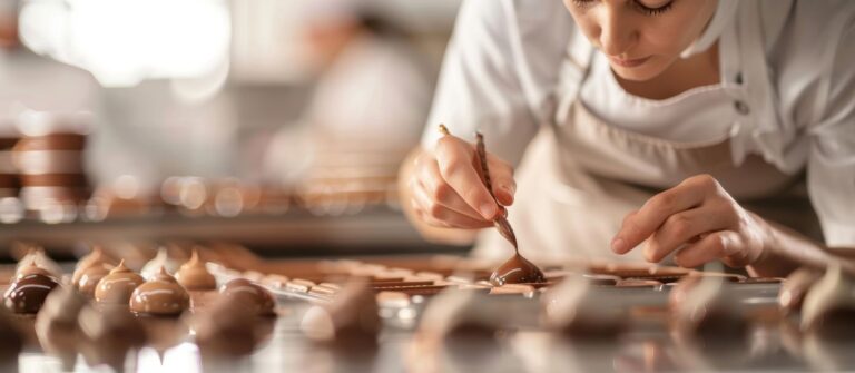 une chocolatière se concentre pour réussir ses chocolats avant de faire sa comptabilité
