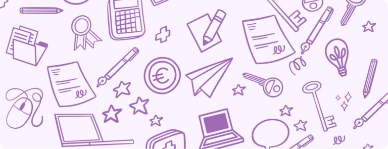 illustrations représentant des éléments sur fond violet d'un compte courant d'associés (ordinateur, document, statuts)