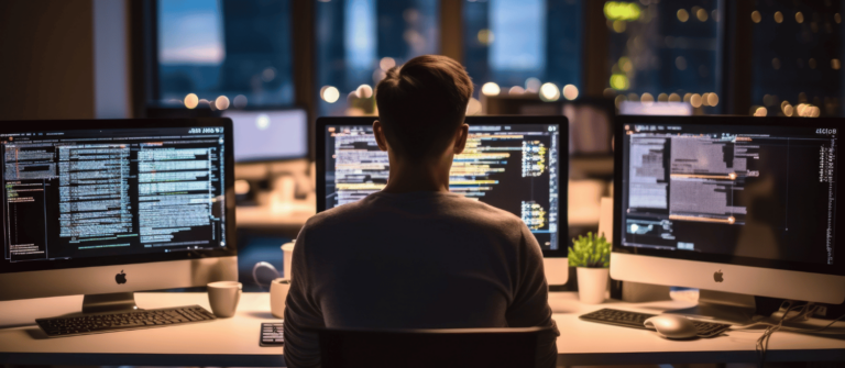 un développeur web face à 3 écrans qui travaille en freelance