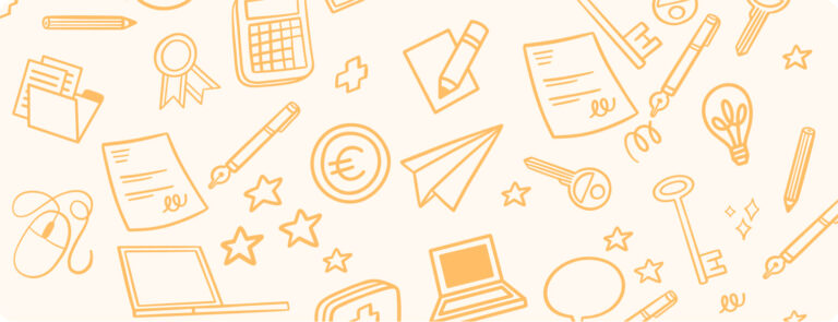 Illustration du logiciel de comptabilité orange avec des dessins de contrat, d'ordinateur, des clefs...