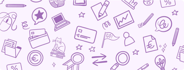 Virement par carte bancaire illustration violette avec des dessins (euros, carte bancaire, loupe, flêche..)