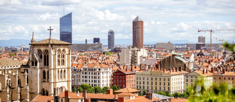 Vue sur la ville de Lyon : cathédrale Saint-Jean, tour crayon, tour part-dieu, vieux lyon et presque île, idéale pour une création d'entreprise
